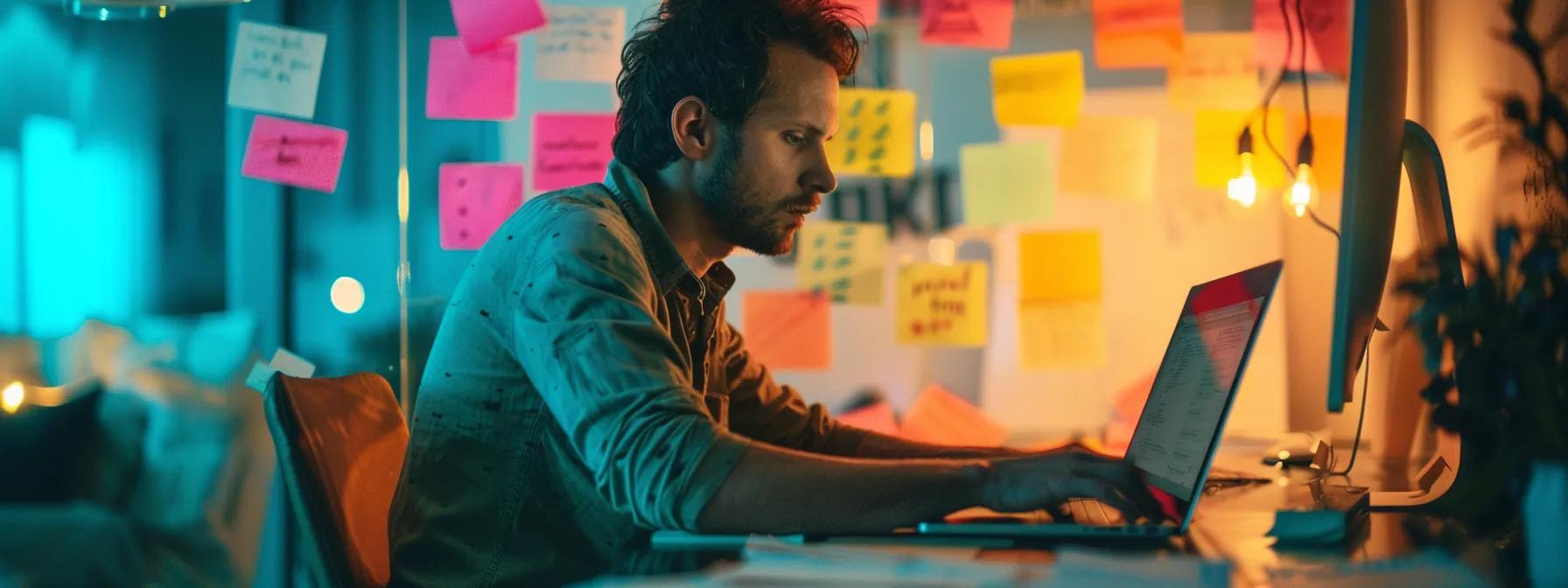 a focused man typing on a laptop, surrounded by colorful post-it notes with seo keywords, optimizing content in the wordpress editor.