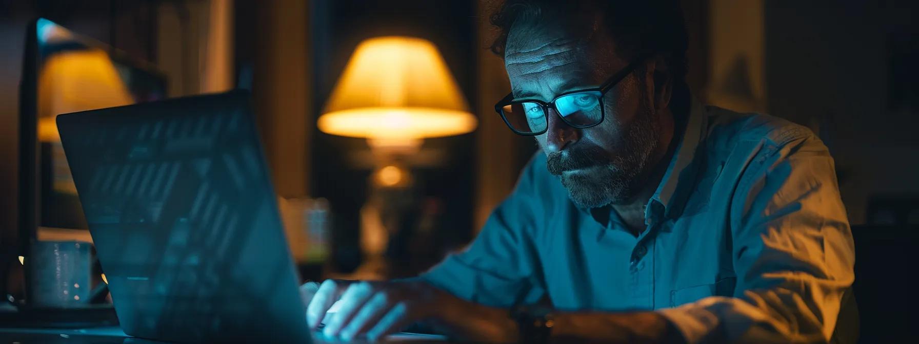 a focused man typing on his laptop, with yoast seo plugin open on the screen, analyzing keyphrases and optimizing his article for digital marketing strategy.