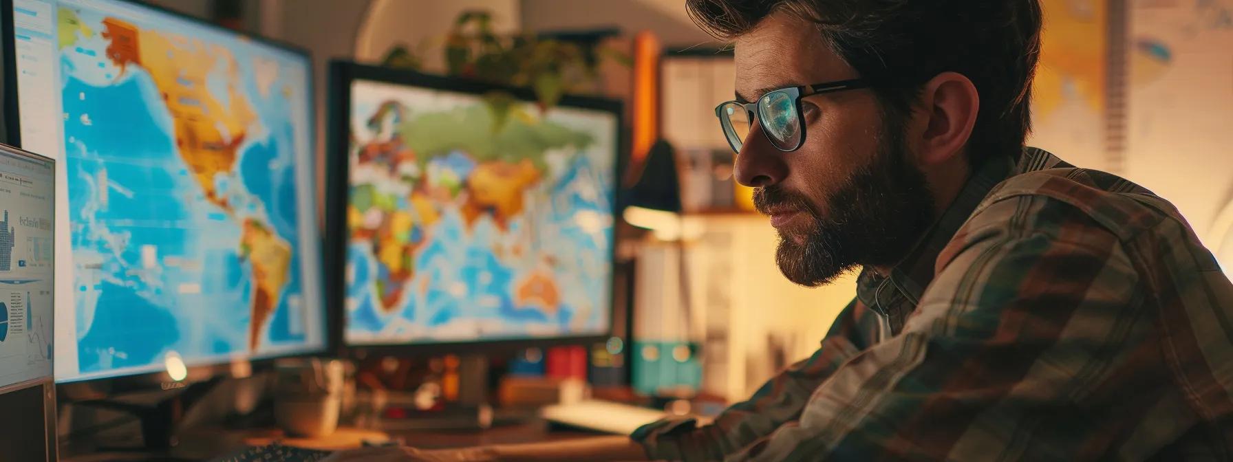 a focused seo specialist surrounded by colorful maps, charts, and a computer, meticulously planning their first topical map creation.