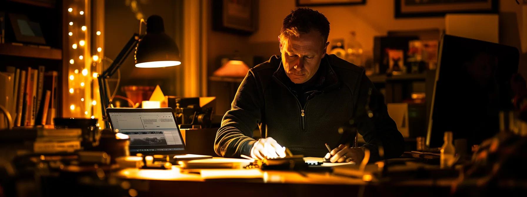 a man deeply focused on researching and incorporating keyphrases into his wordpress article, surrounded by seo tools and google analytics data.