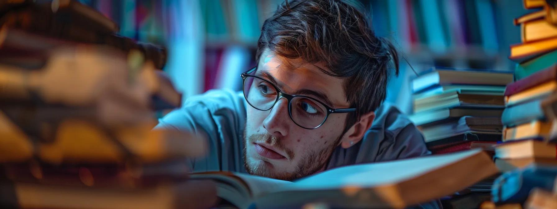 a man meticulously analyzing a complex web of colorful backlinks while surrounded by stacks of authoritative domain books.