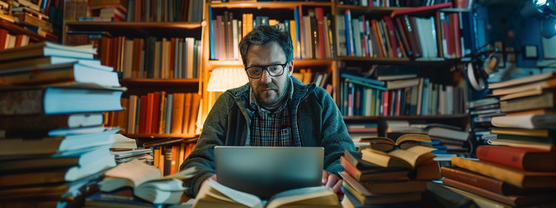 a man typing on a laptop surrounded by stacks of books, showcasing his expertise and commitment to creating authoritative content for digital strategies.