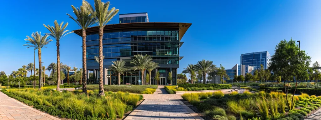 a modern office building towering against a clear blue sky, surrounded by vibrant green landscaping, symbolizing success in commercial real estate.