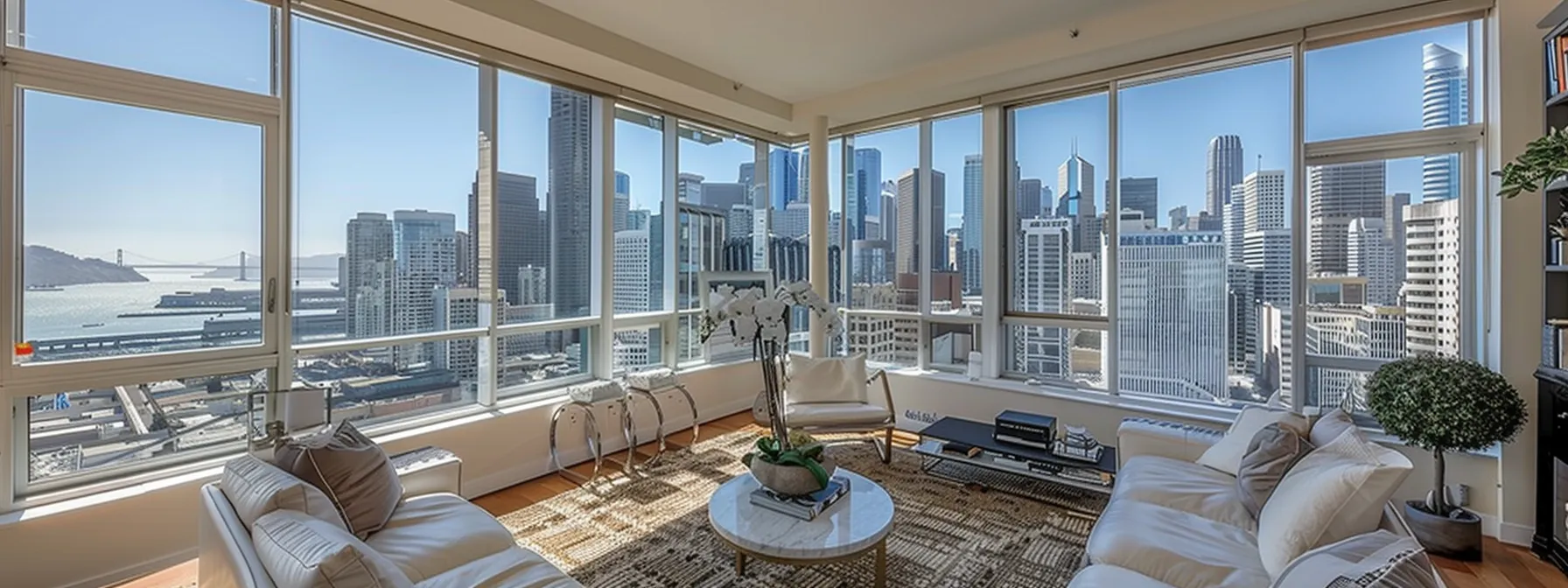 a modern, stylish living room with large windows showcasing city views, highlighting the unique selling points of a property on a real estate landing page.