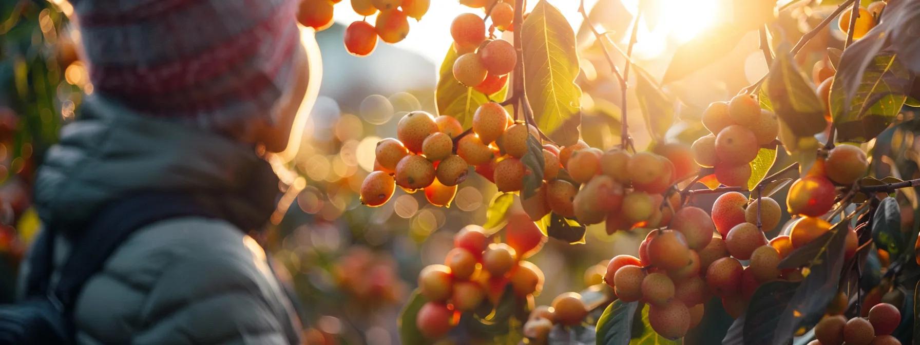 a person analyzing a cluster of ripe, low-hanging fruit on a tree, symbolizing easy-to-rank keywords in seo.