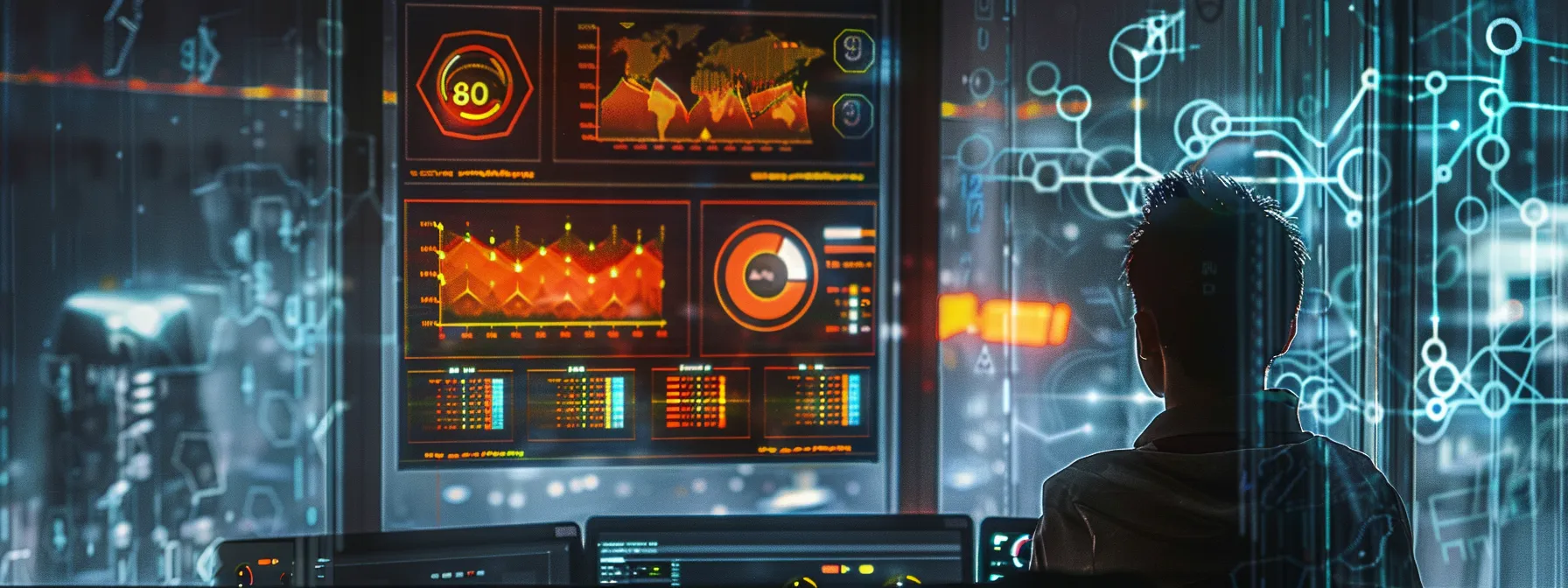 a person analyzing a detailed analytics report on a computer screen, surrounded by charts and graphs reflecting content success in real estate marketing.