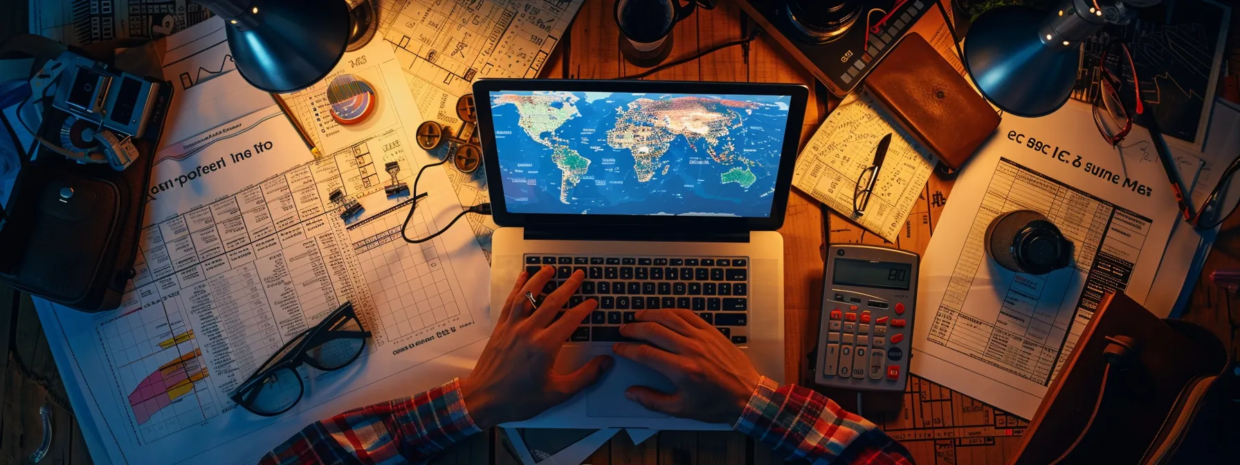 a person analyzing investment data on a laptop surrounded by real estate and financial charts, maps, and calculators.