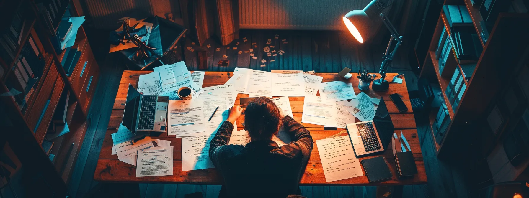 a person at a desk surrounded by papers, highlighting and rewriting website content to enhance impact and seo.