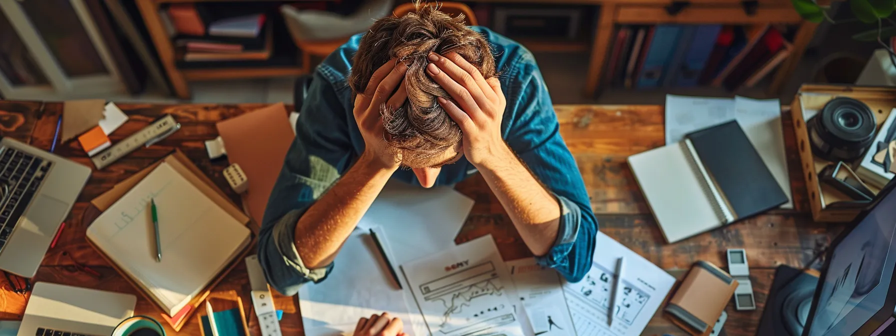 a person sitting at a desk surrounded by a computer, notebooks, and various tools, focused on rewriting website content with determination and concentration.