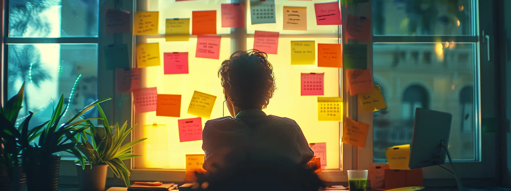 a person surrounded by colorful sticky notes and a calendar, brainstorming ideas for a real estate content plan.