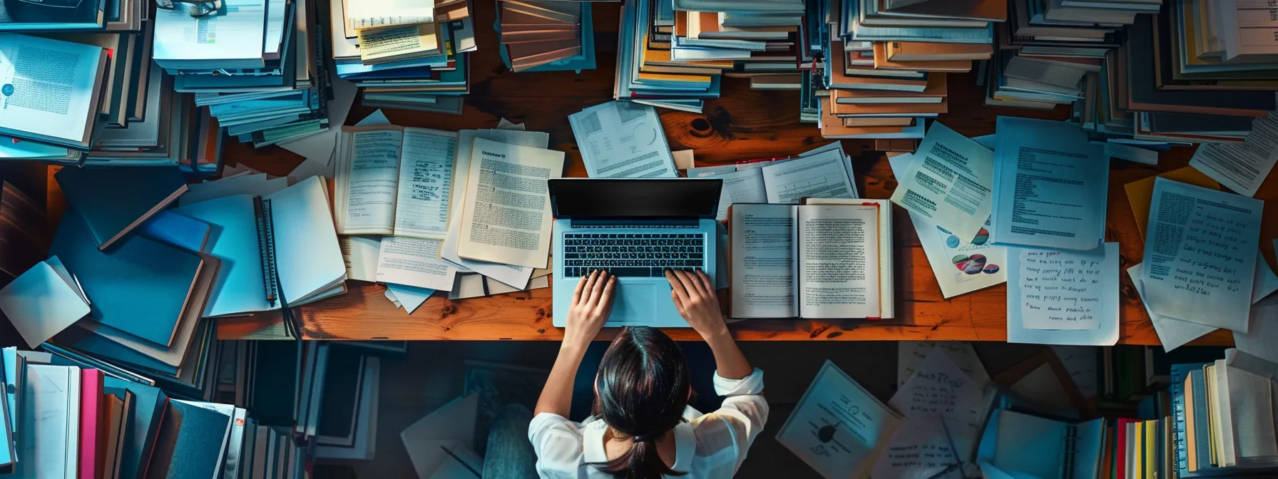 a person typing on a laptop surrounded by piles of books, notes, and graphs, illustrating a continuous cycle of content improvement.