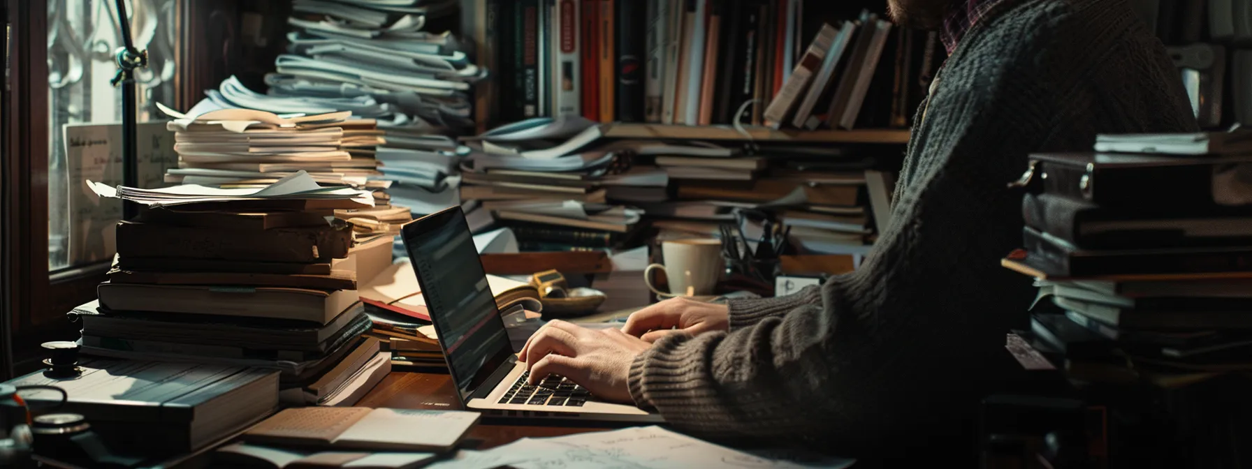 a person typing on a laptop, surrounded by stacks of books, papers, and a mug of coffee, showcasing the strategic and engaging process of content rewriting for website success.