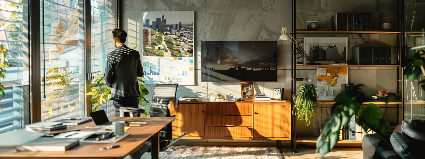 a real estate agent analyzing demographic data and market segments in a modern office, surrounded by virtual tours and detailed buyer personas.