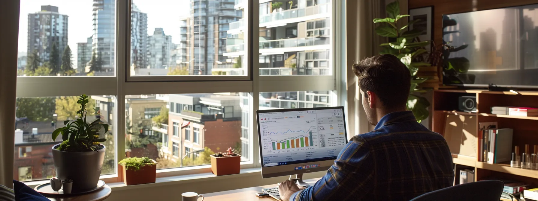 a real estate agent analyzing data on a laptop, surrounded by charts and graphs, with a large window overlooking a cityscape in the background.