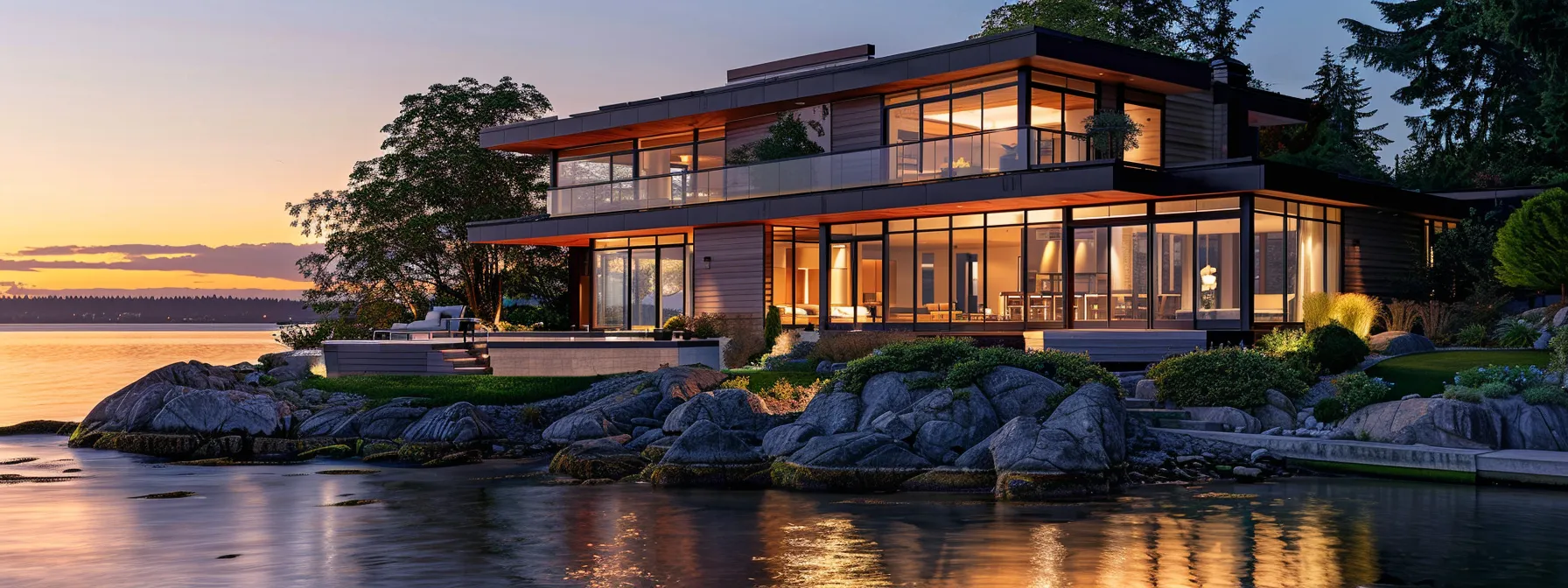 a sleek, modern landing page featuring a stunning waterfront property with a clear call-to-action button.