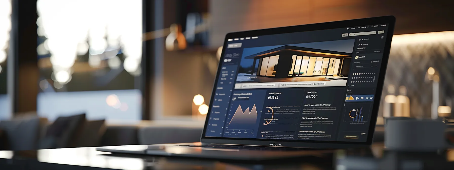 a sleek, modern real estate landing page displayed on a laptop screen with graphs and data analytics tools visible in the background.