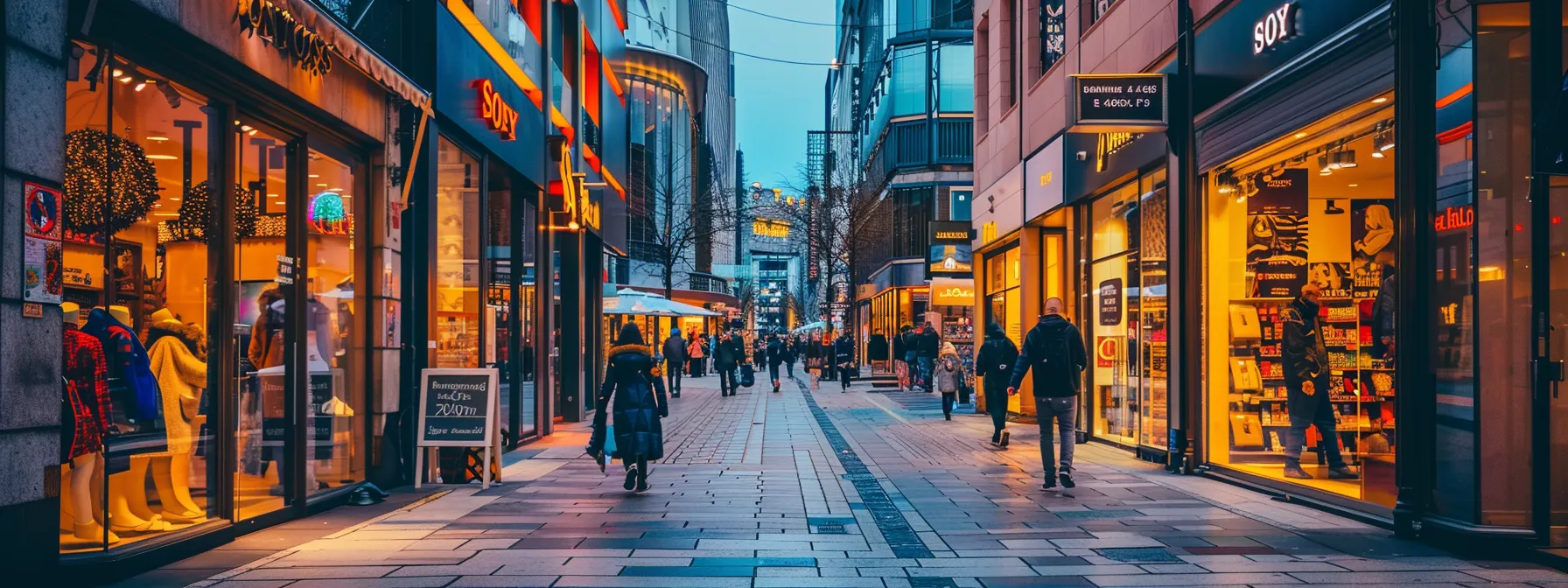 a bustling city street lined with vibrant storefronts displaying updated google business profiles and glowing customer reviews, attracting a stream of potential clients.