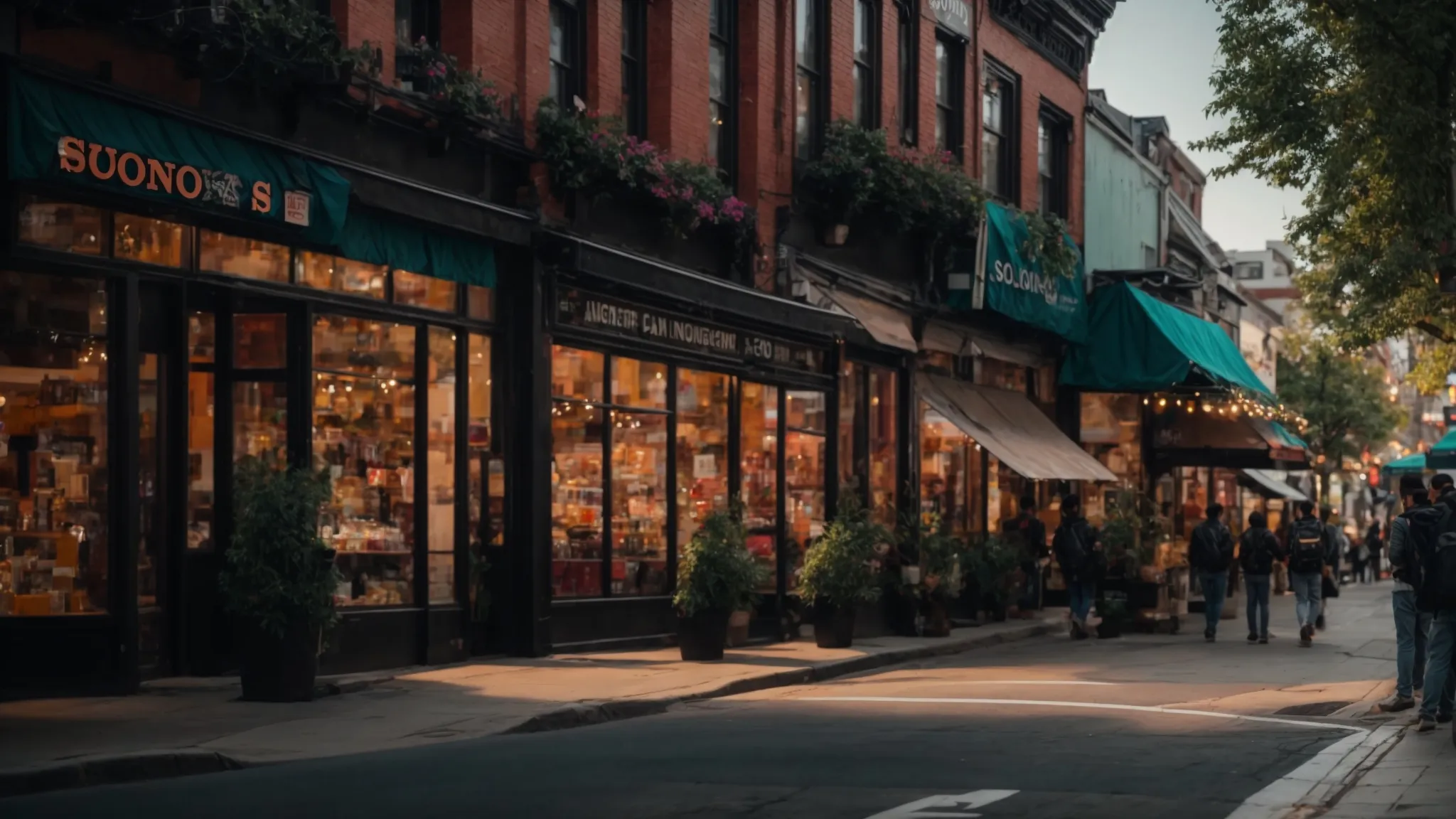 a busy city street lined with vibrant storefronts, bustling with potential clients searching for local businesses, showcasing the importance of local seo strategies for mobile rei success.