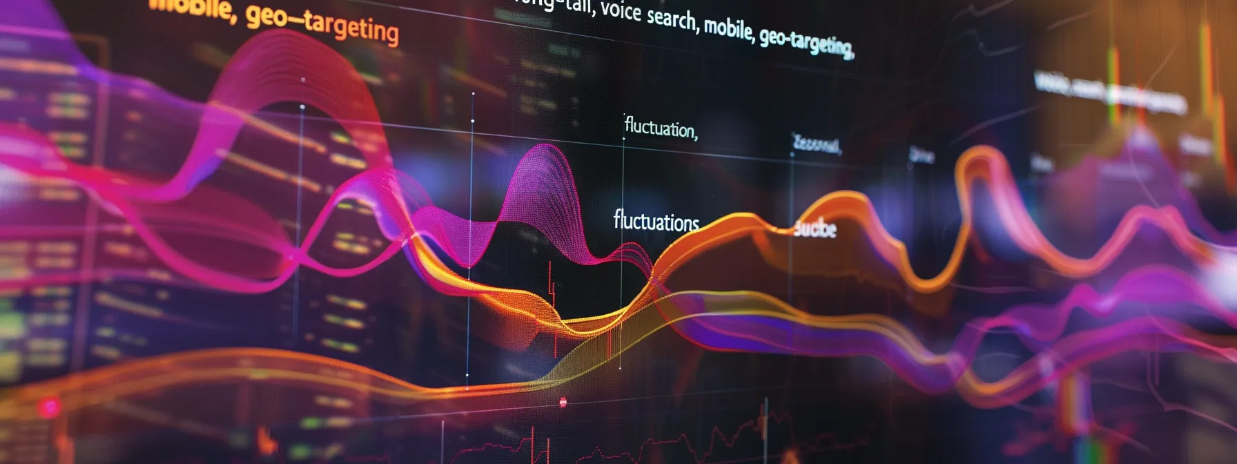 a close-up shot of a computer screen displaying a colorful graph of keyword trends in real estate investing, with keywords like 