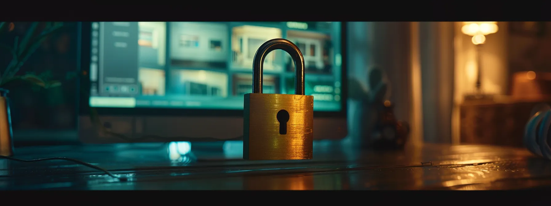 a close-up photo of a padlock symbolizing security, on a computer screen displaying a real estate website with ssl certificates.