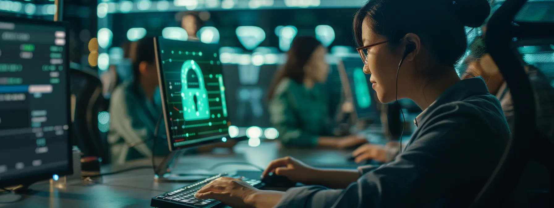 a close-up of a computer screen displaying a green padlock symbol indicating secure ssl certification, with a background of a team of employees engaged in a cybersecurity training session.