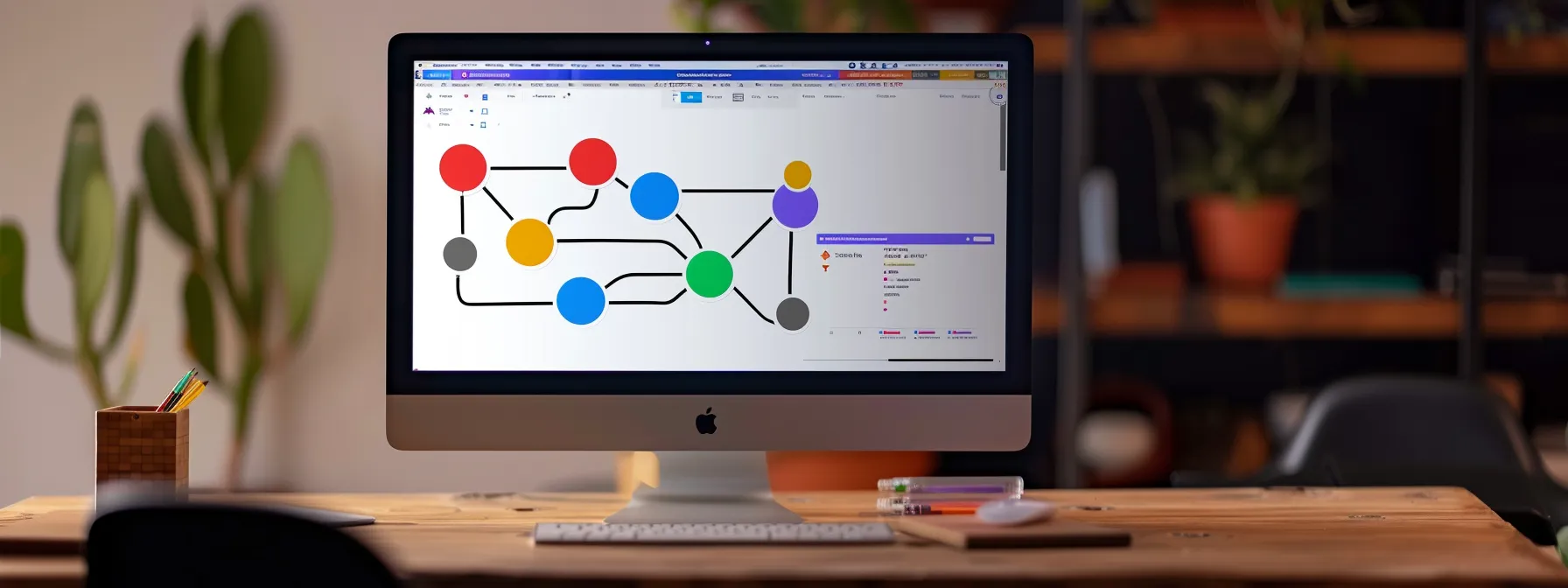 a computer screen displaying a complex seo strategy flowchart with colorful interconnected nodes and arrows.