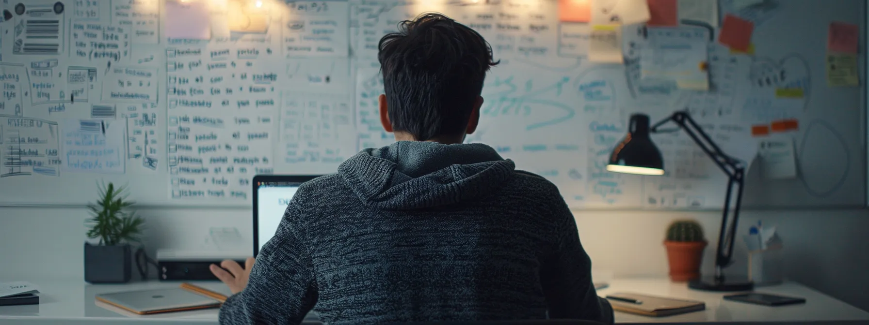 a focused individual conducting keyword research on a laptop with strategic seo objectives written on a whiteboard in the background.