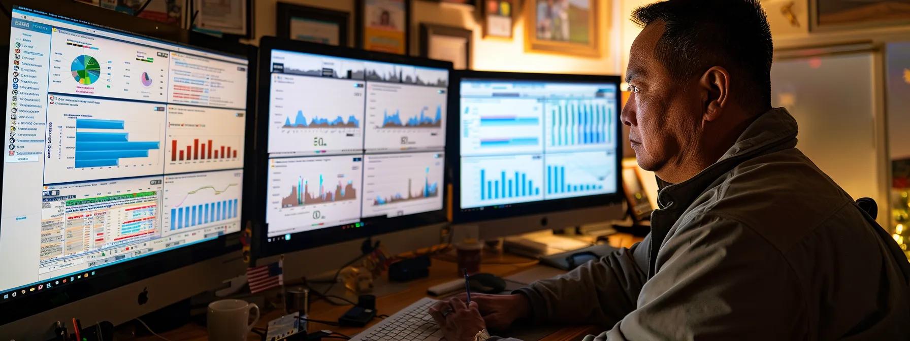 focused man analyzing website traffic and search rankings on multiple computer screens with graphs and data displayed.