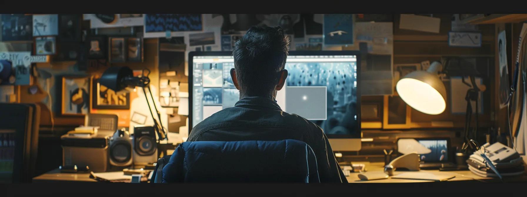 a focused man creating authoritative content on his computer, surrounded by innovative tools and empathetic inspiration.