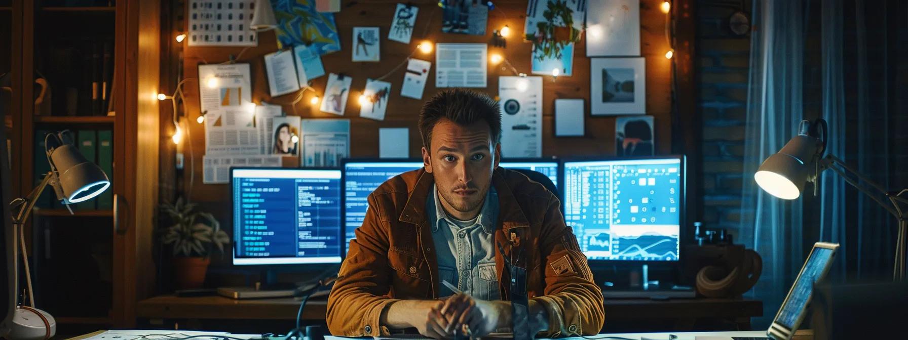 a focused man sitting at a desk, surrounded by screens showing google trends data and html codes, while brainstorming new blog post ideas to integrate competitor keywords into his seo strategy.