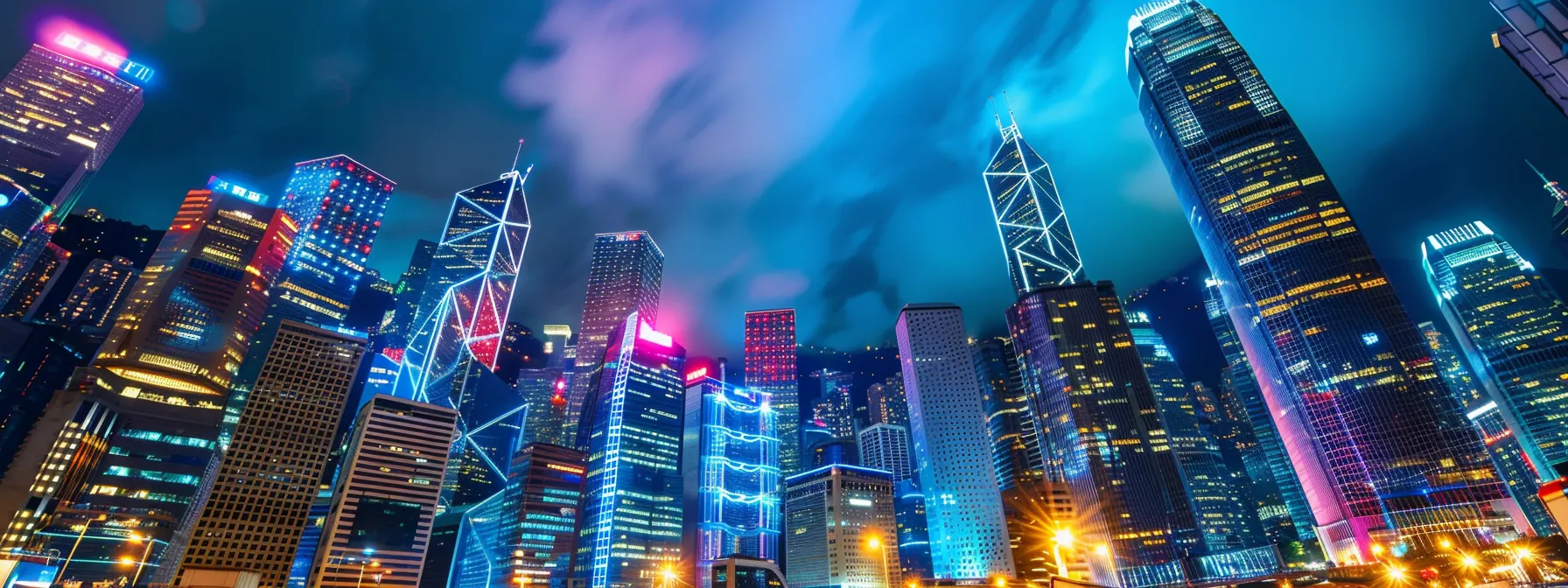 a futuristic cityscape with multicolored neon lights illuminating skyscrapers, reflecting the integration of artificial intelligence and multilingual keywords in rei marketing strategies.