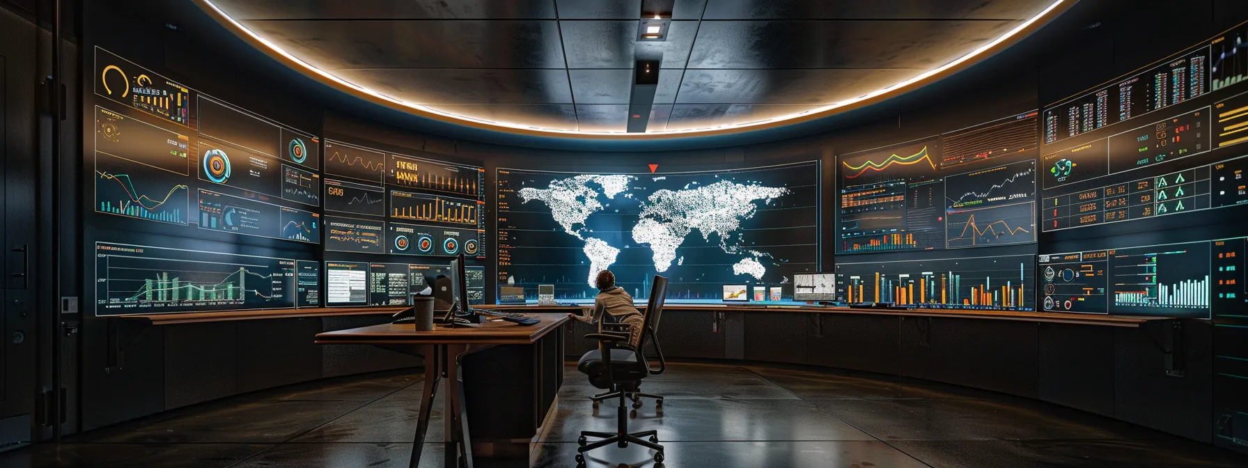 a futuristic digital command center displaying real-time data analytics with glowing charts and graphs.