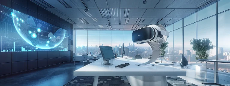 a futuristic, high-tech office with a virtual reality headset on a desk, showcasing cutting-edge real estate seo strategies.