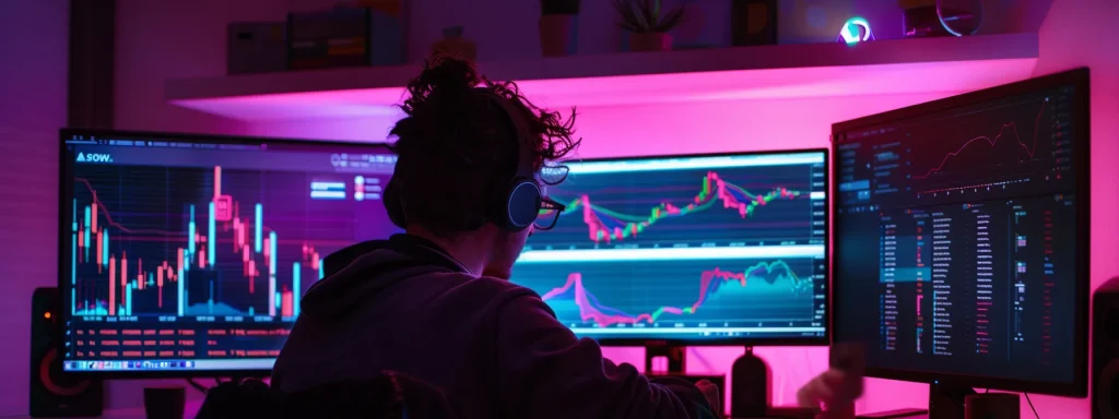 a graphic designer analyzing a lineup of vibrant, data-filled charts and graphs on a computer screen.