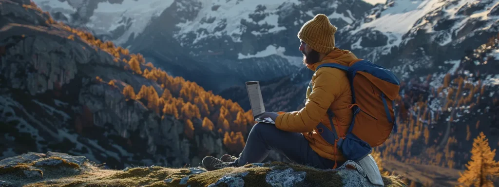 a hiker analyzing a mountain peak for competitive keyword research on a laptop in a majestic outdoor setting.