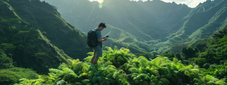 a hiker surrounded by lush green mountains, using a smartphone to research local seo keywords for their rei business success.