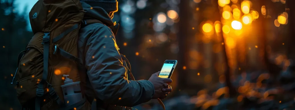 a hiker's backpack illuminated by the warm glow of a mobile phone screen, highlighting the importance of mobile-first indexing for rei seo success.