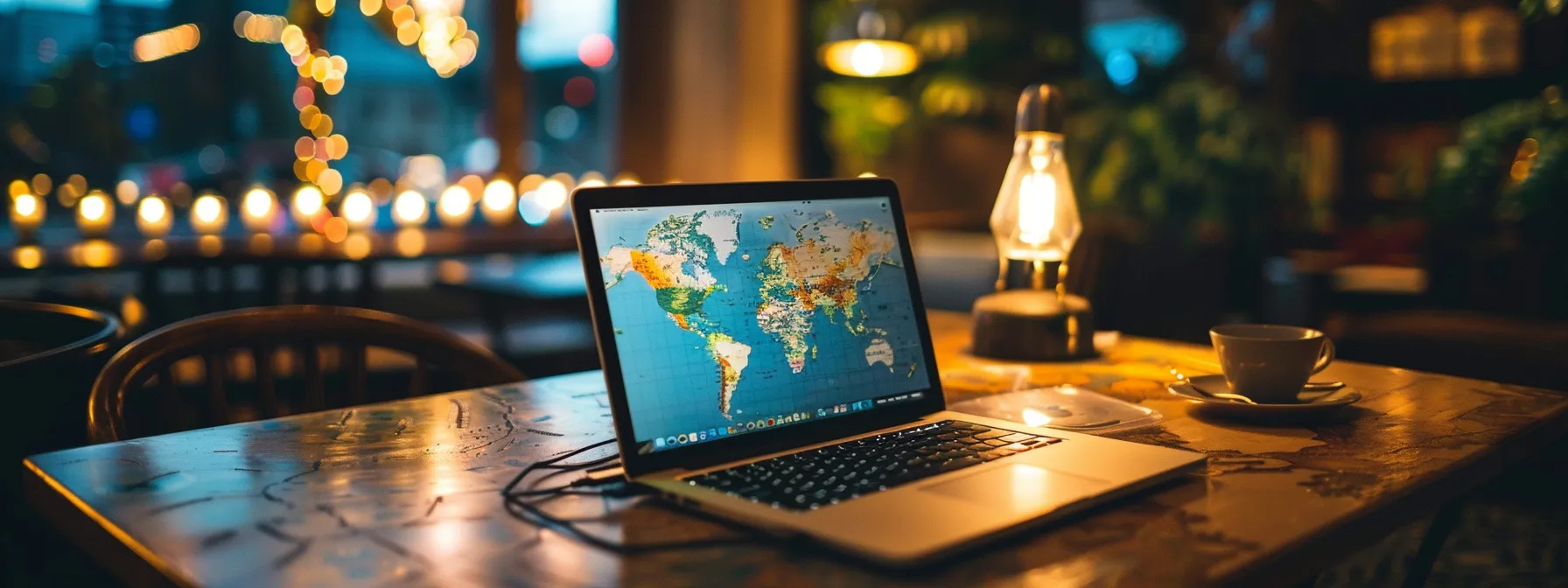 a laptop displaying a website with a vibrant map background, showcasing local keywords and location-specific content for enhanced visibility in local search results.