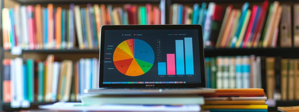 a laptop screen displaying a colorful graph chart with various keywords and their ranking positions, surrounded by a stack of books on search engine optimization.