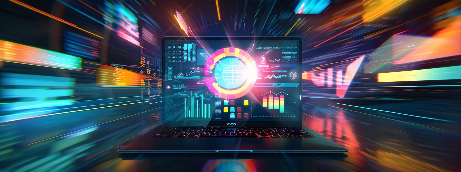 a laptop screen displaying a vivid, optimized image surrounded by colorful graphs and charts, representing the integration of readability and image optimization tools for seo success.