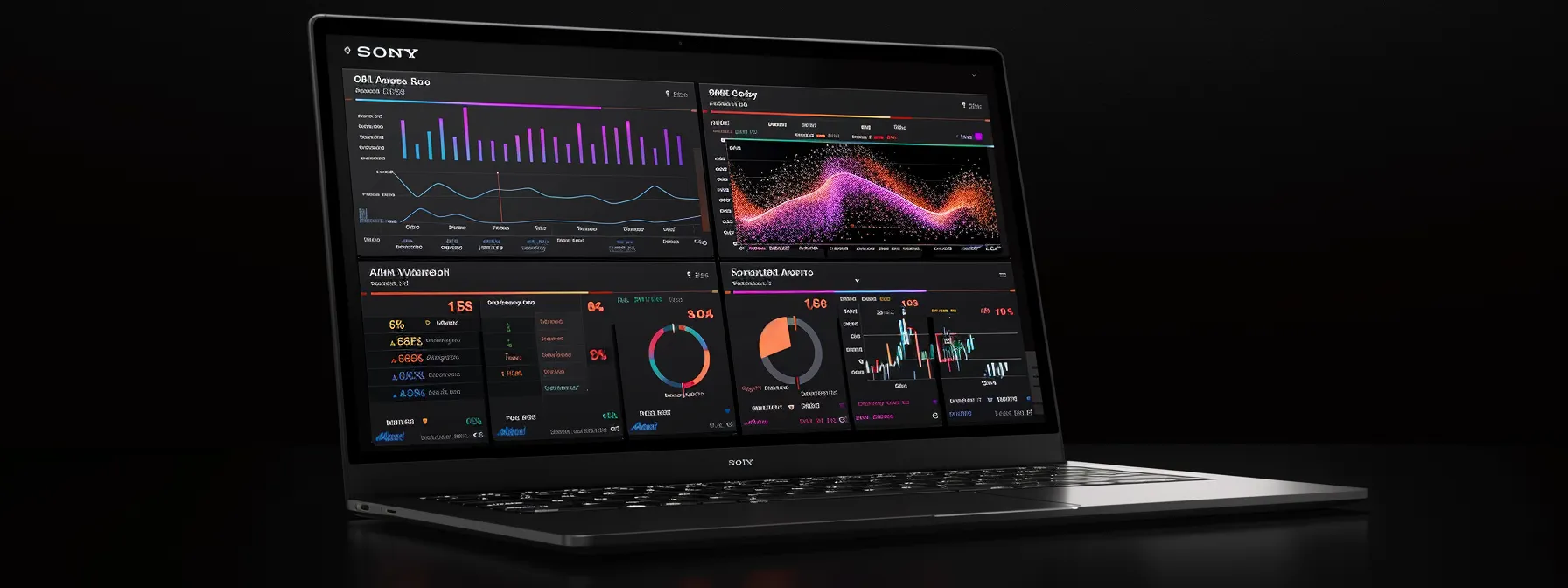 a laptop screen displaying detailed competitor profiles with colorful graphs and charts showing search engine performance and social media analytics.