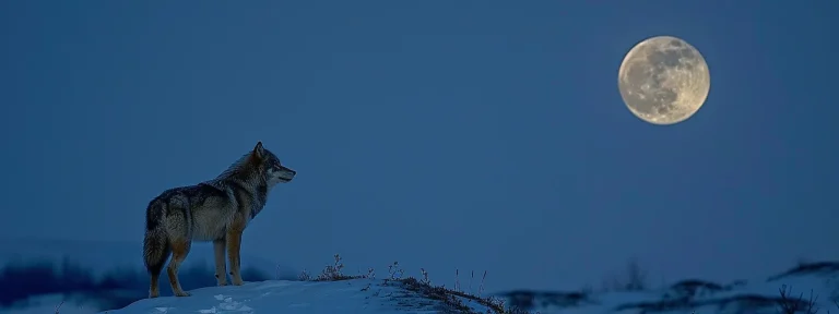 a lone wolf standing majestically on a snow-covered hill under the full moon.