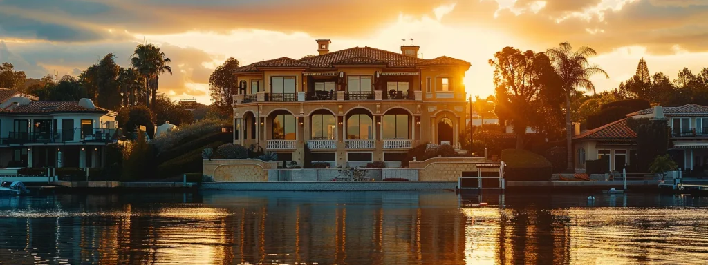 a luxury waterfront mansion shining under the golden rays of the sun, showcasing the impact of real estate seo updates on property listings.