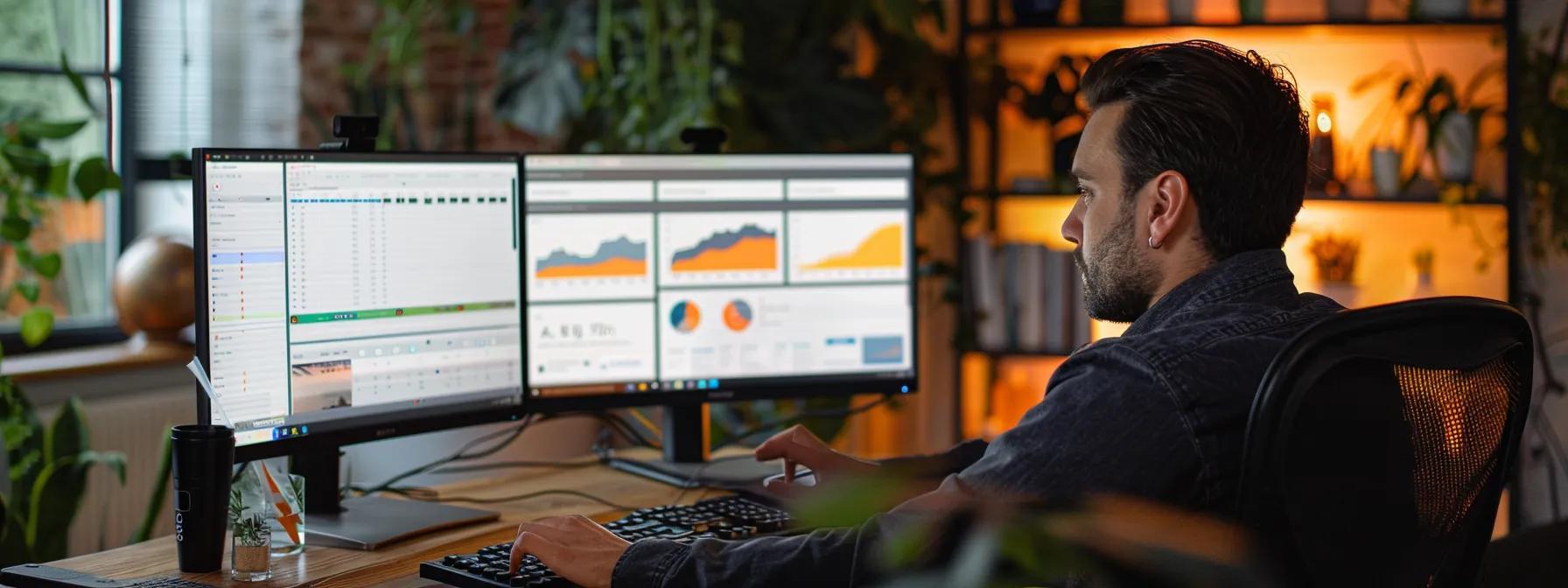 a man analyzing a computer screen displaying contrasting seo performance results for websites based on their spam score strategies.