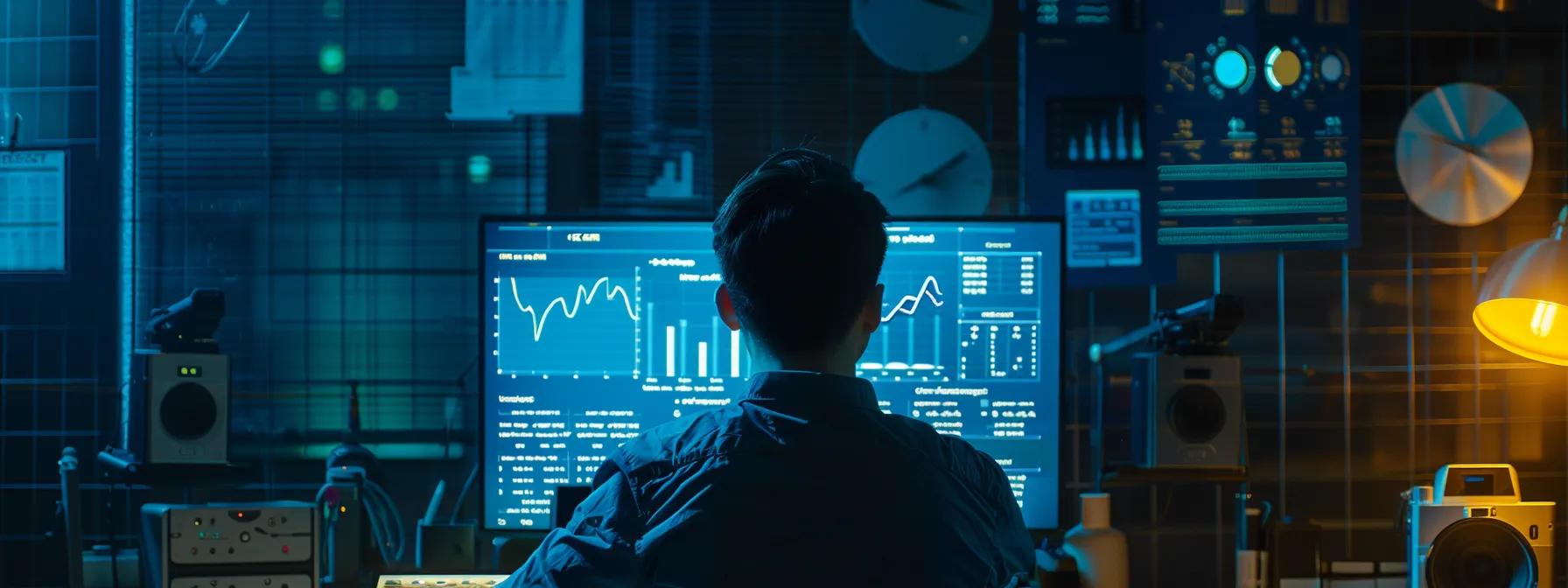 a man analyzing a screen displaying a graph of his website's spam score while surrounded by charts and graphs showcasing backlink profiles and email deliverability metrics.