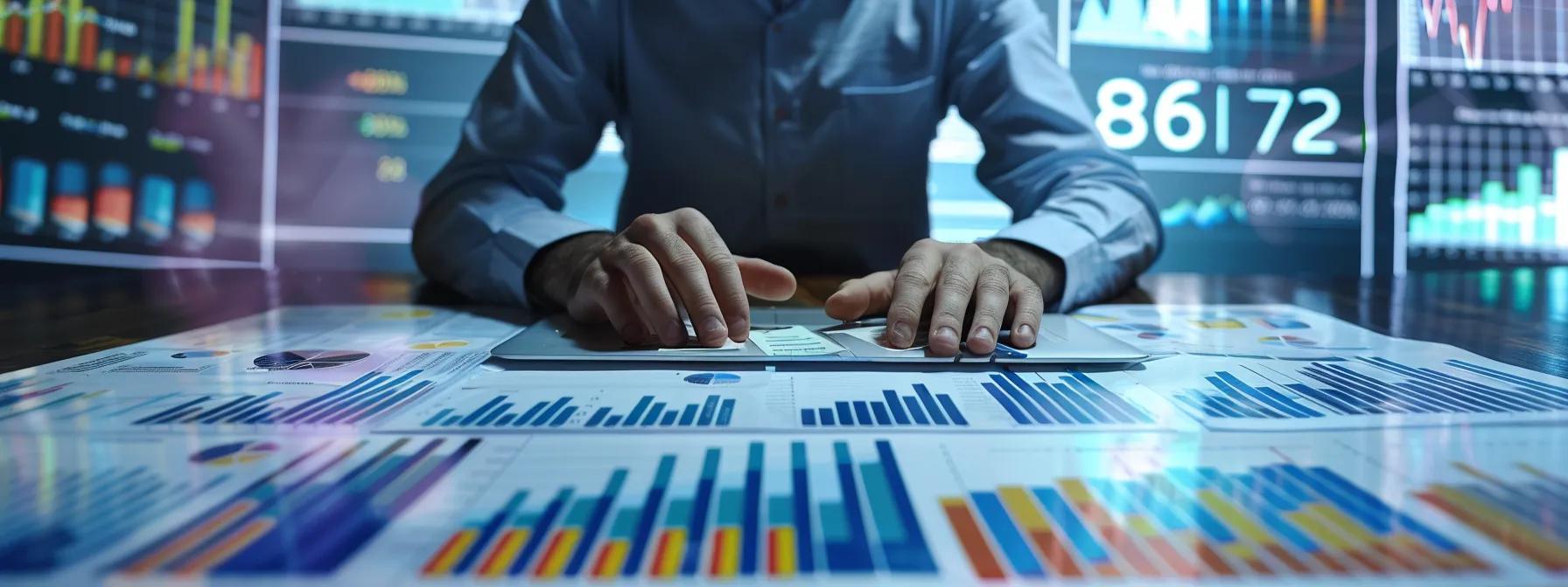 a man deeply focused on typing a detailed article on wordpress, surrounded by seo strategy notes and analytics charts.