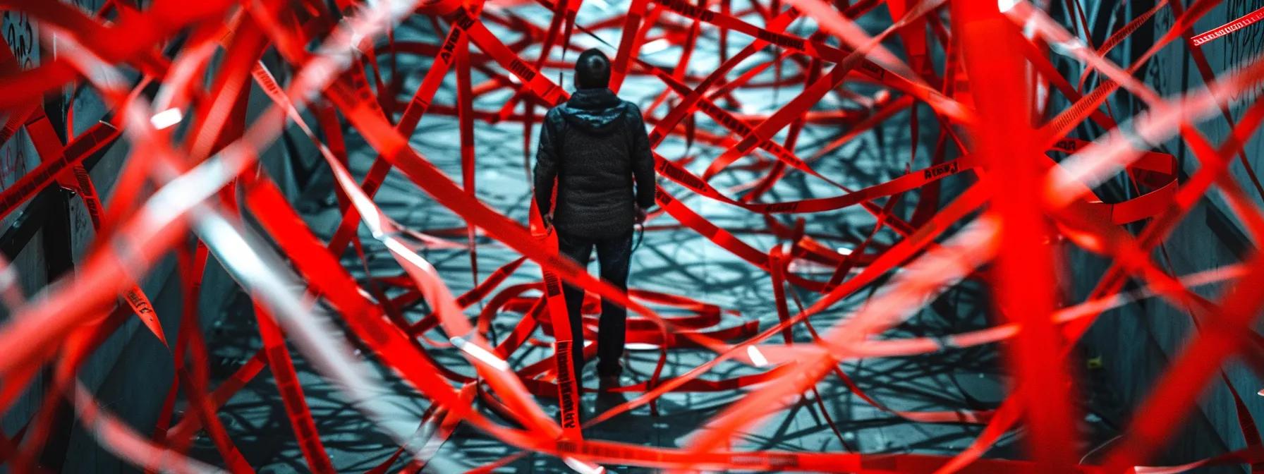 a man surrounded by tangled red tape and caution signs symbolizing the negative impact of high spam scores on seo strategy.