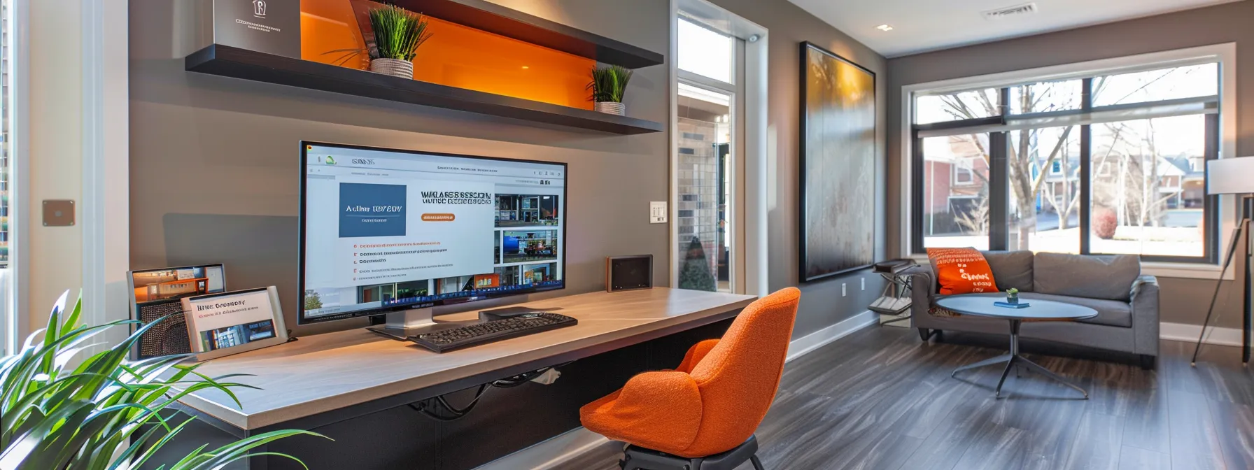 a modern real estate office with a vibrant website displayed on a computer screen, showcasing top search engine results and high user engagement metrics.