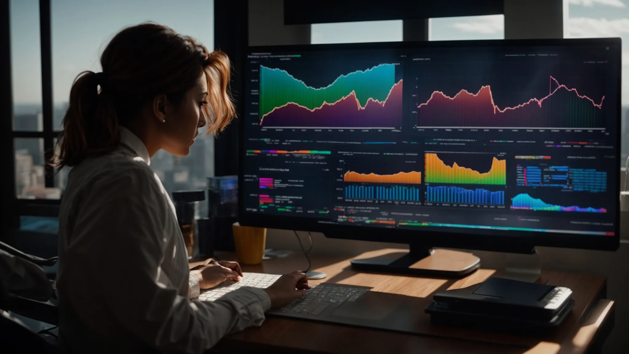 a person analyzing a computer screen filled with colorful graphs and charts, showcasing the power of data-driven seo insights for real estate success.