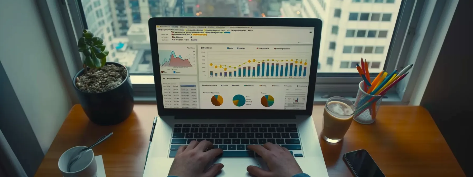 a person analyzing a detailed seo report on a laptop screen, surrounded by charts and graphs showing website performance metrics.